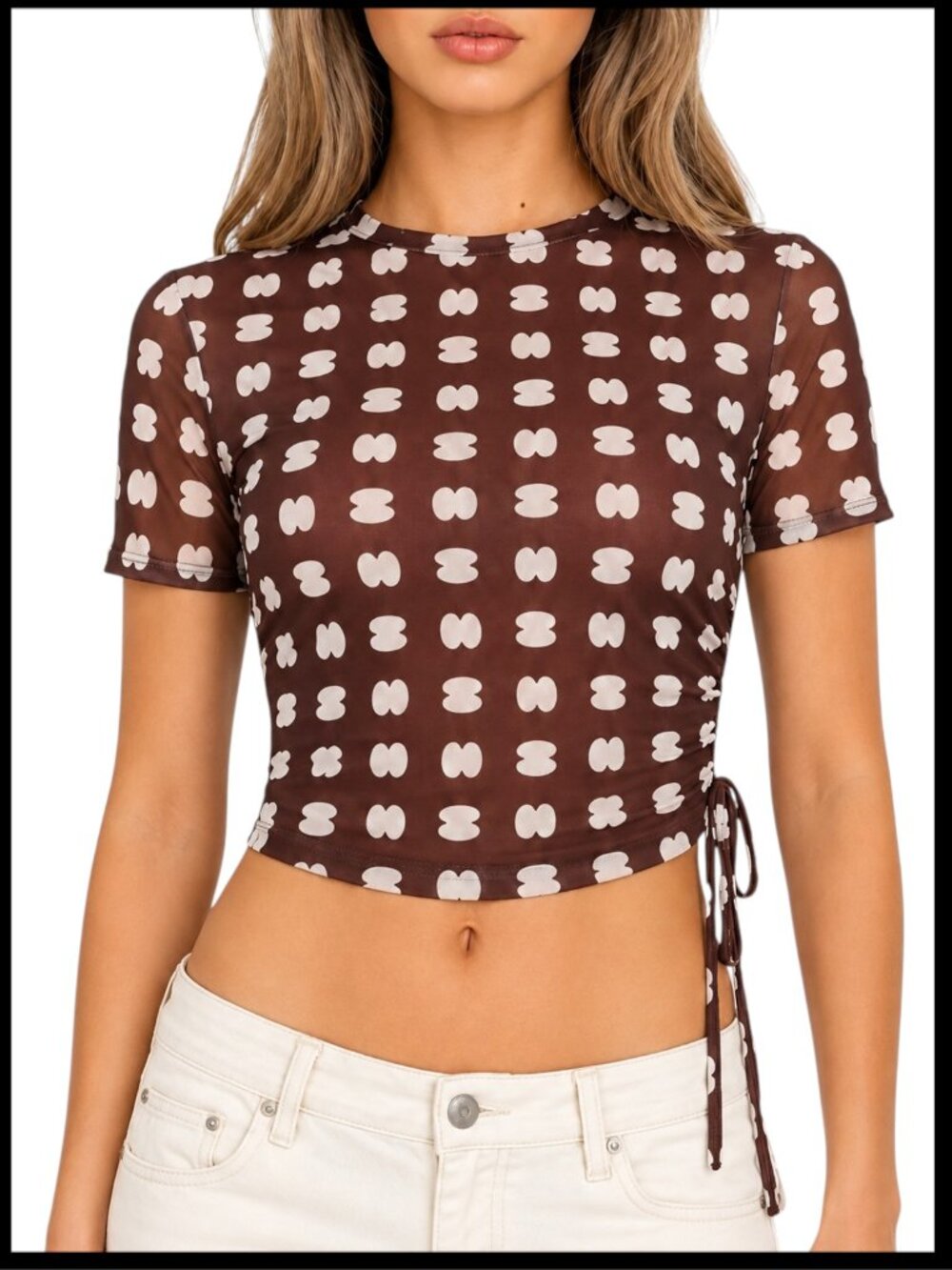 White Fox Boutique Baby Tee Brown Cream Mesh Ruched Side Tie XS